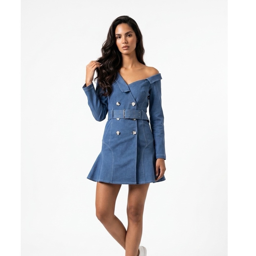 Anthropologie ATSU One Shoulder Denim Mini Dress Sz 6 Blue Belted Off Shoulder